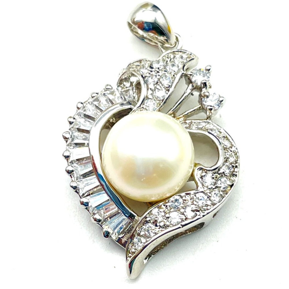 Rhinestone Heart Pendant Silver Tone Faux Pearl Swirl Statement Jewelry